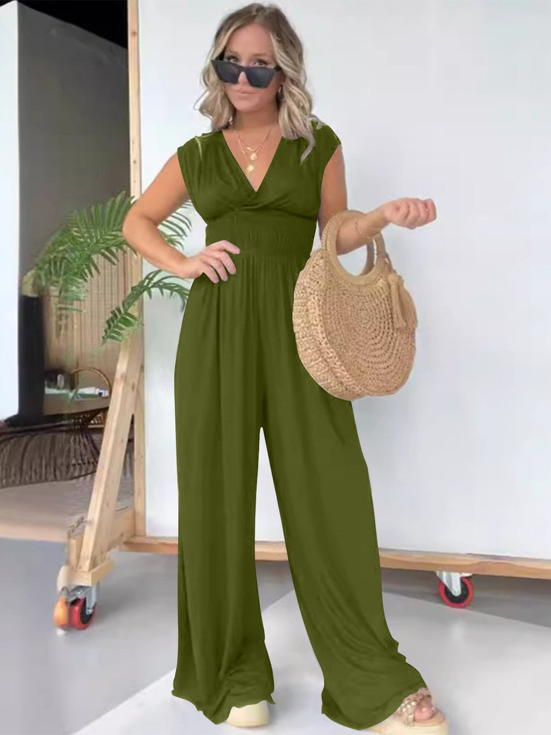 Smocked Cap Sleeve Wide Leg Jumpsuit Sunset and Swim   