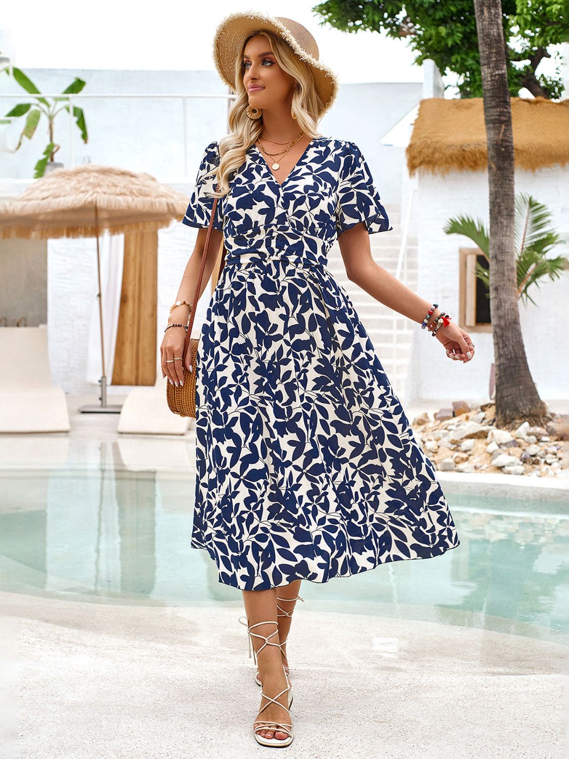 Sunset Vacation Printed Surplice Short Sleeve Midi Dress Sunset and Swim Navy S 
