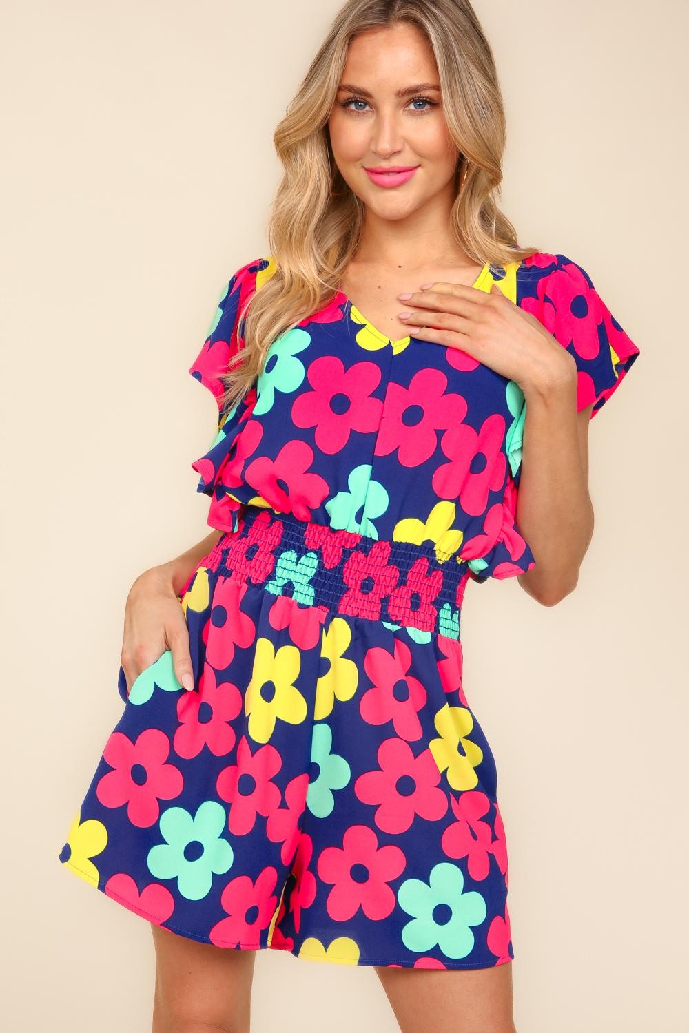 Haptics Floral Smocked Waist Romper with Side Pockets Sunset and Swim   