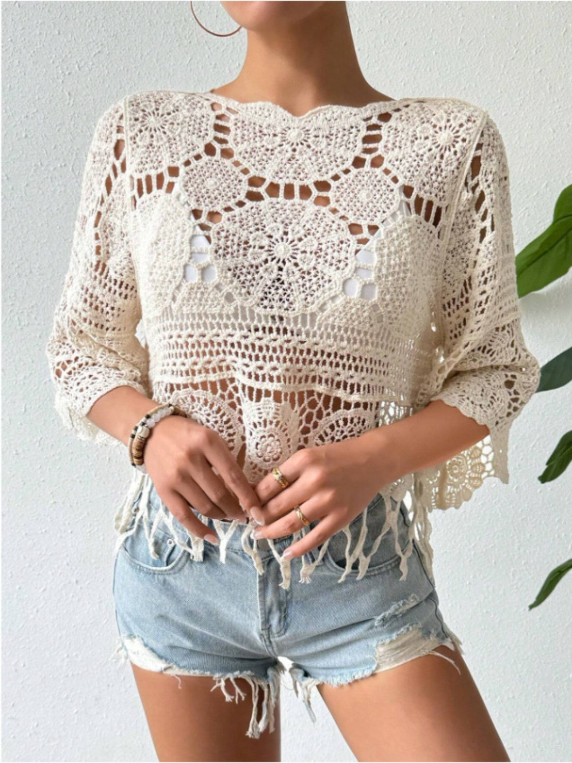 Openwork Round Neck Cover-Up Sunset and Swim Dust Storm One Size 