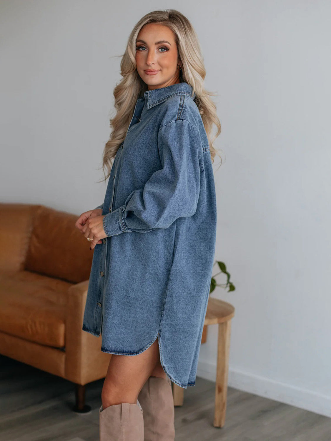 Button Up Collared Neck Long Sleeve Denim Dress Sunset and Swim   