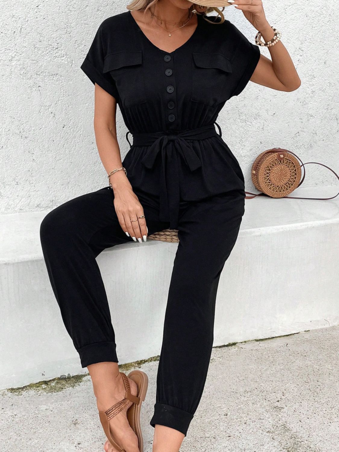 V-Neck Short Sleeve Jumpsuit Sunset and Swim   