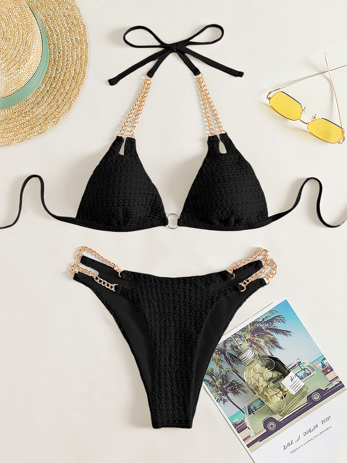 Sunset Vacation  Chain Detail Halter Neck Bikini Set  Sunset and Swim   
