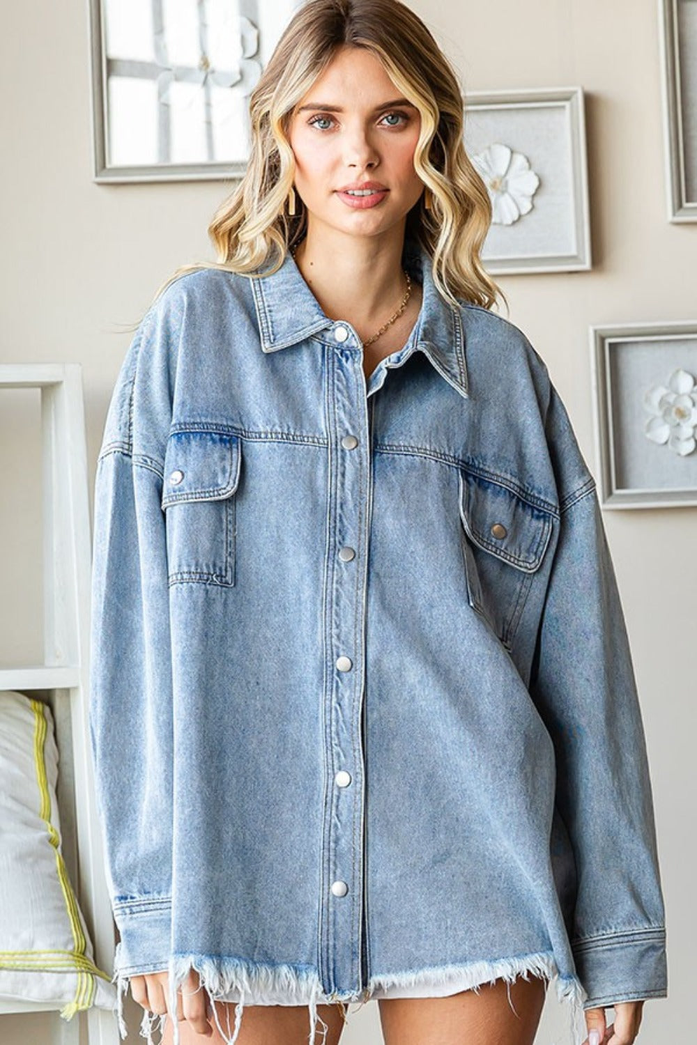 First Love Smile Face Button Down Raw Hem Denim Jacket Sunset and Swim   