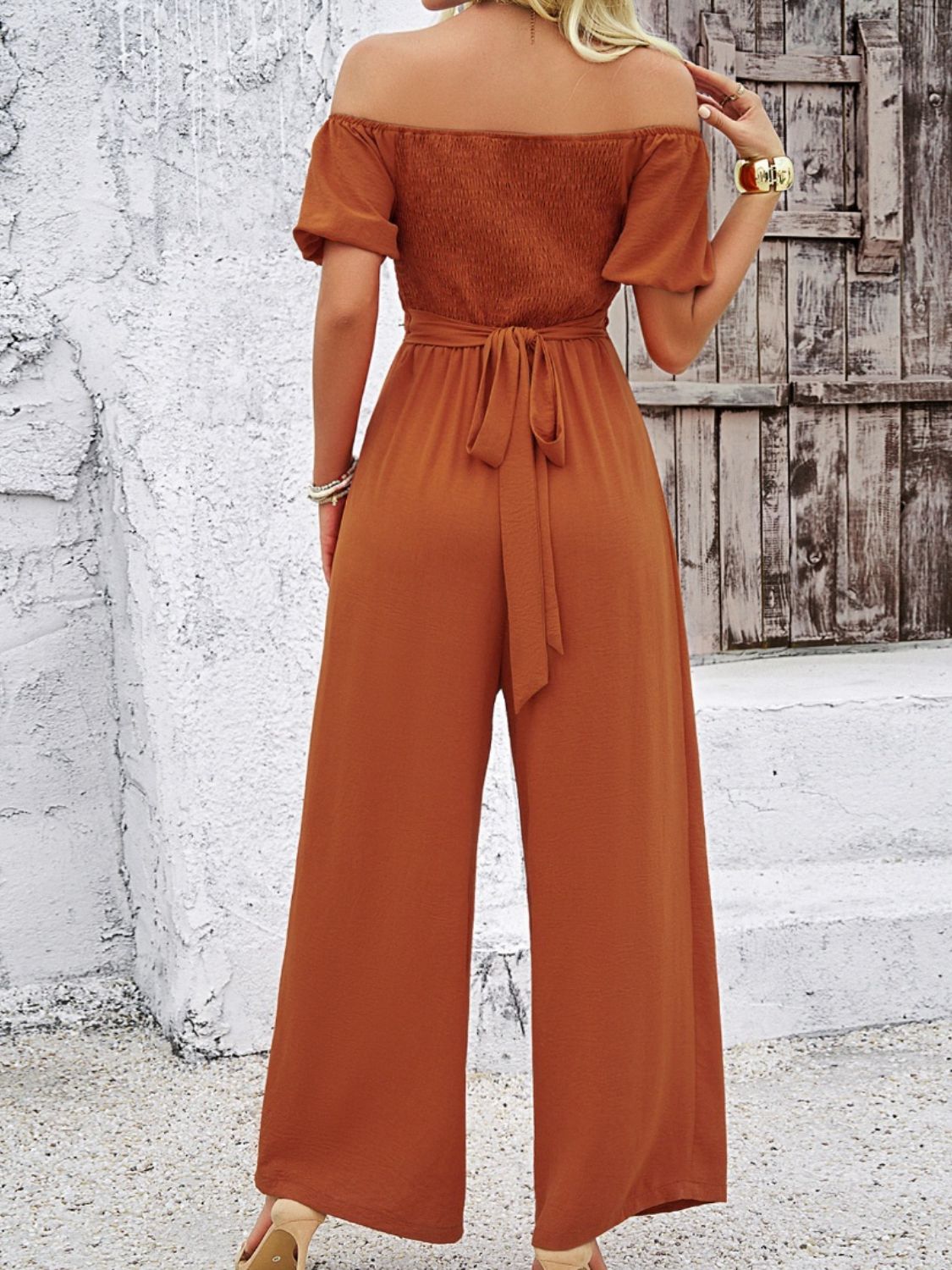 Devine Cutout Off Shoulder Wide Leg Jumpsuit Sunset and Swim   