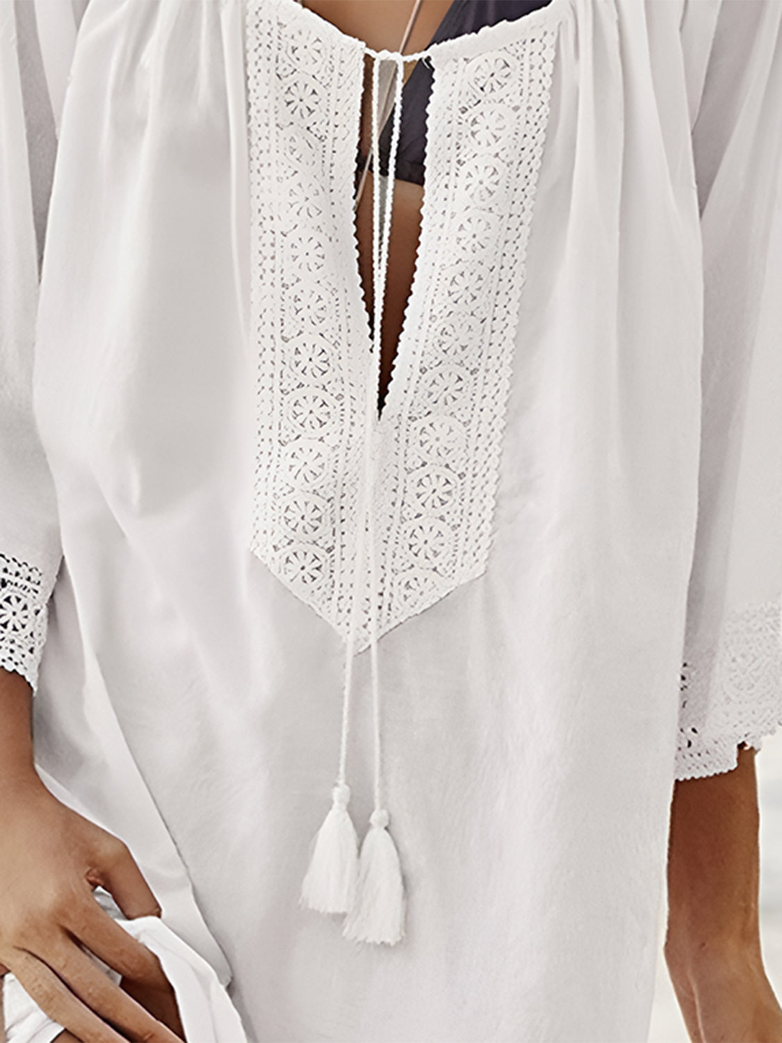 Sunset Vacation Lace Detail Tie Neck Three-Quarter Sleeve Cover Up Sunset and Swim   