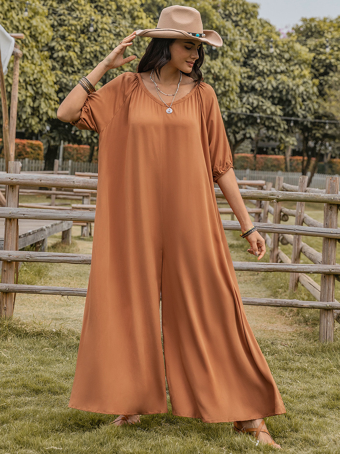 Scoop Neck Half Sleeve Wide Leg Jumpsuit Sunset and Swim   