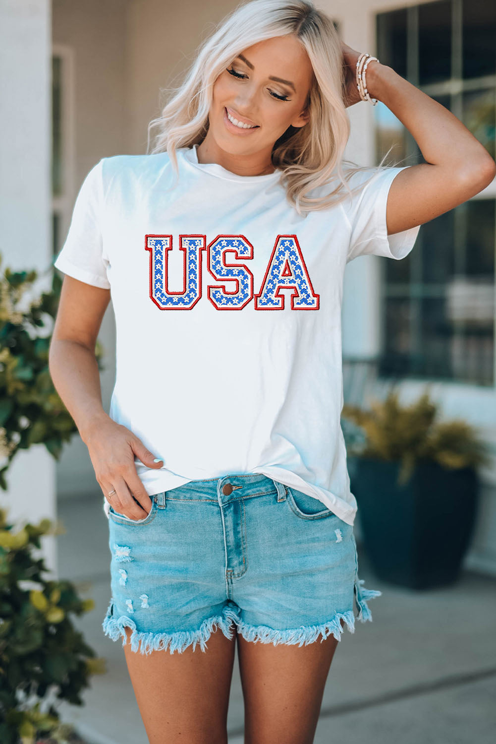 USA Graphic Embroidered Round Neck T-Shirt  Sunset and Swim   