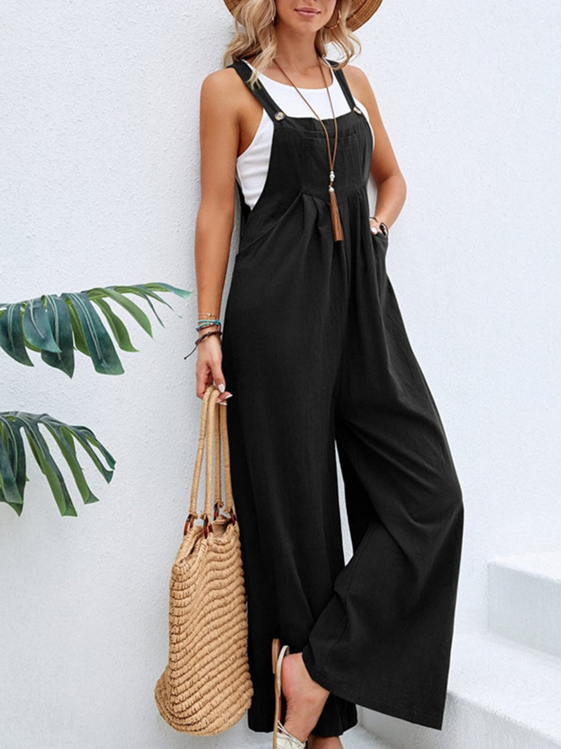 Full Size Square Neck Wide Strap Overalls Sunset and Swim Black S 