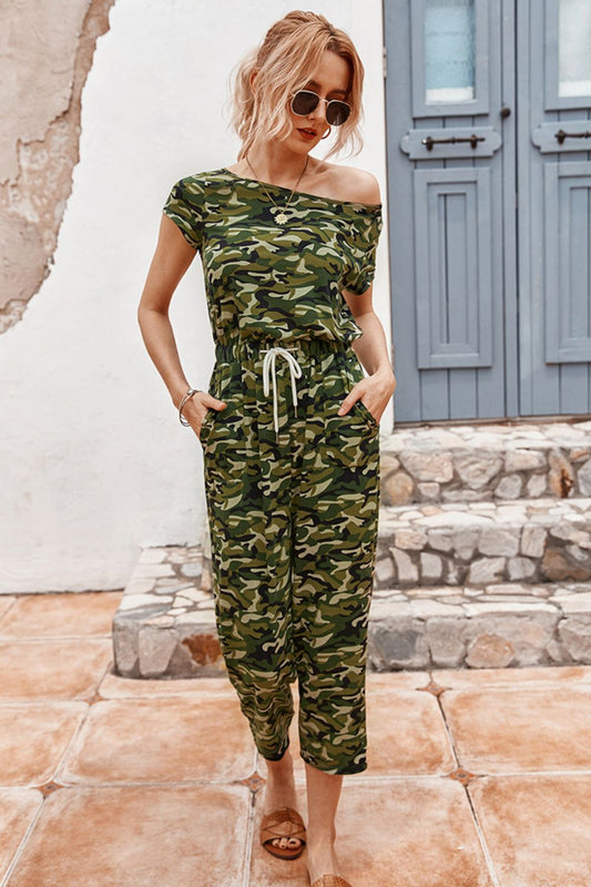 Camouflage Drawstring Crop Leg Jumpsuit  Sunset and Swim Green Camouflage S 