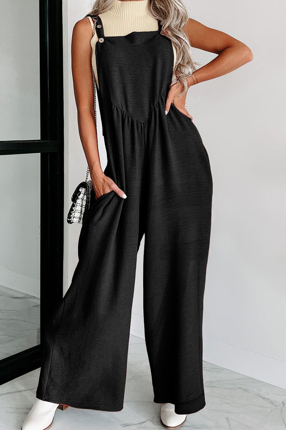 Buttoned Wide Leg Overalls Sunset and Swim Black S 