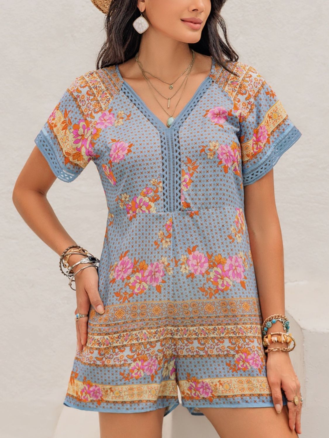 Printed V-Neck Short Sleeve Romper Sunset and Swim   