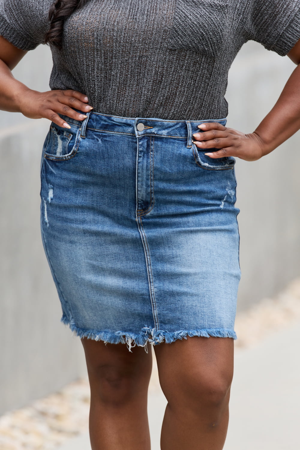 RISEN Amelia Full Size Denim Mini Skirt Sunset and Swim   