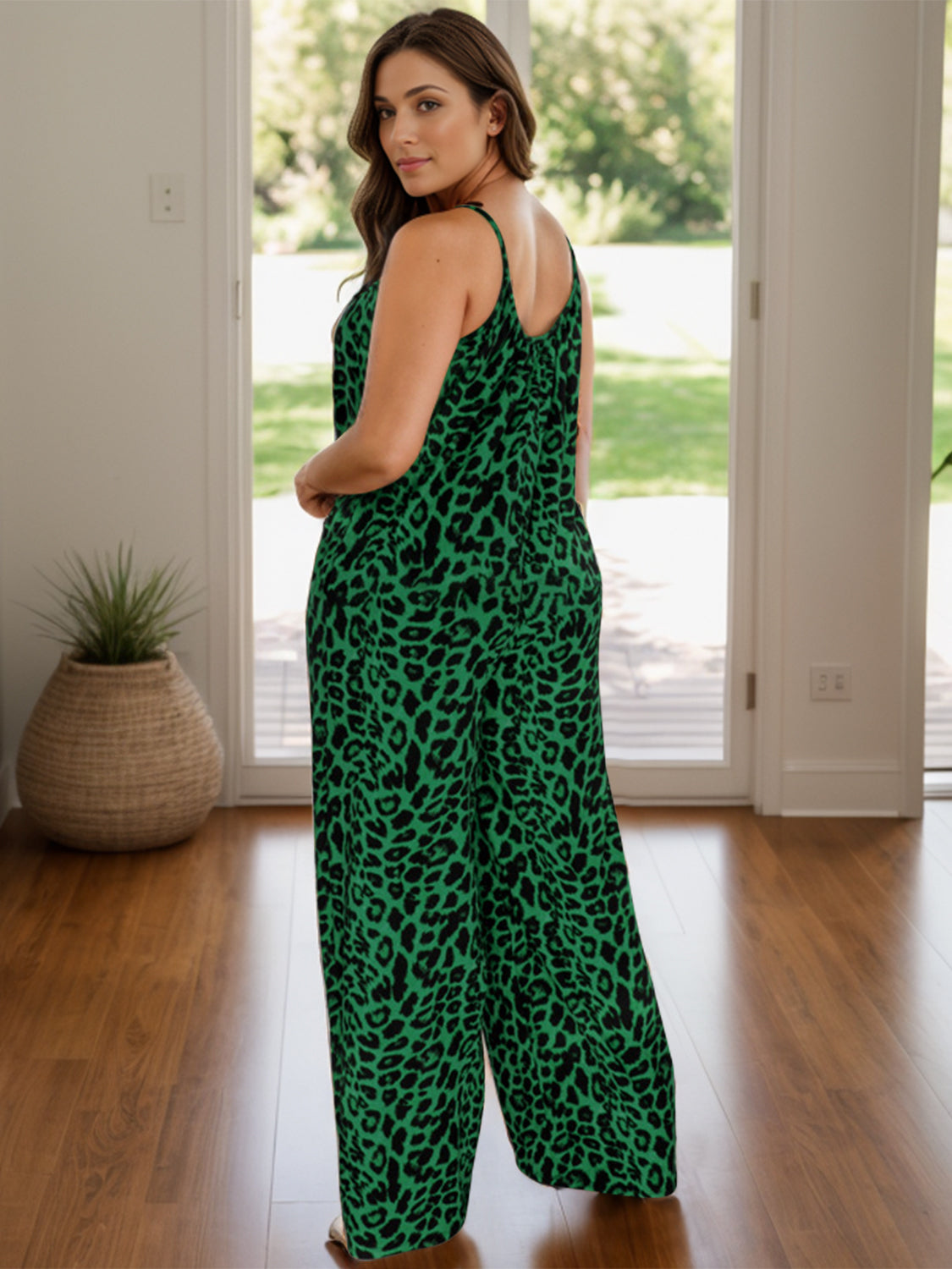 Full Size Leopard Scoop Neck Wide Leg Jumpsuit Sunset and Swim   