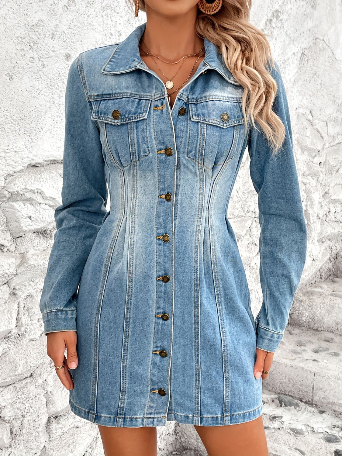 Pocketed Button Up Long Sleeve Denim Dress Sunset and Swim   