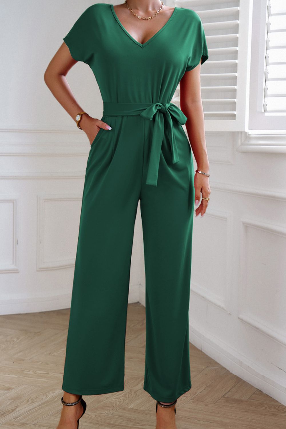 Tie Waist V-Neck Short Sleeve Jumpsuit Sunset and Swim Dark Green S 