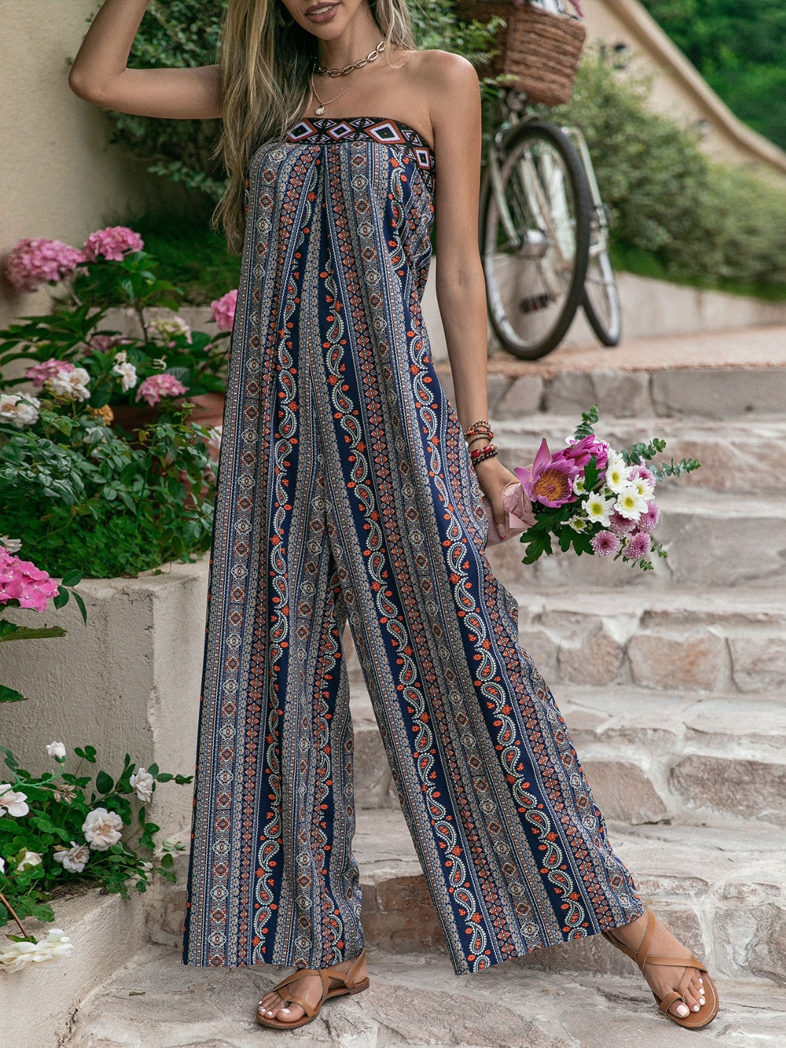 Sunset and Swim  Tied Printed Tube Wide Leg Jumpsuit Sunset and Swim   