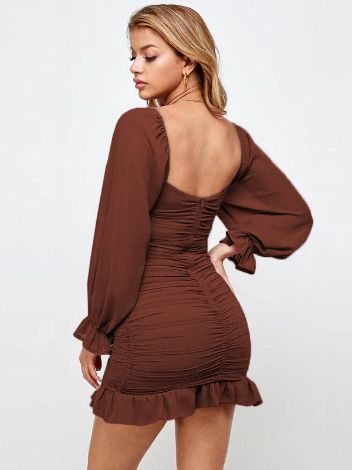 Ruffled Ruched Flounce Sleeve Mini Dress Sunset and Swim   