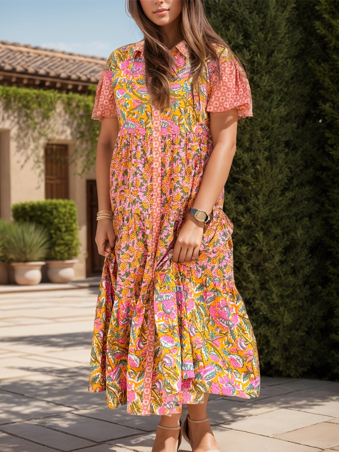 Printed Collared Neck Short Sleeve Midi Dress Sunset and Swim   