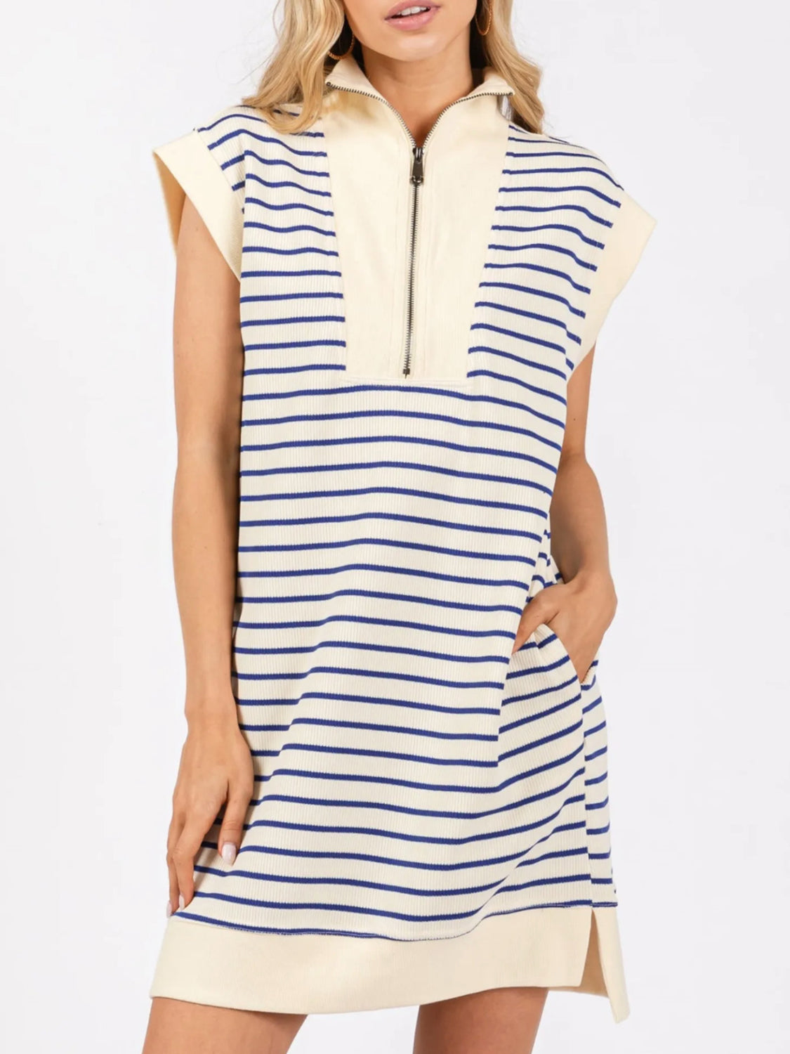 Sunset Vacation Full Size Pocketed Striped Quarter Zip Cap Sleeve Dress Sunset and Swim Blue S 