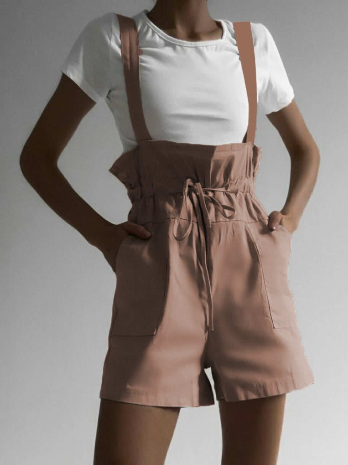 Drawstring Wide Strap Overalls with Pockets Sunset and Swim Camel S 