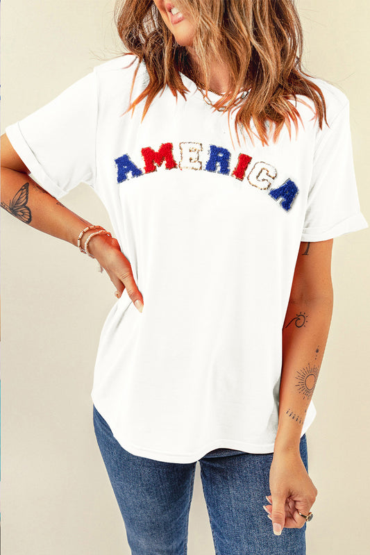 AMERICA Round Neck Short Sleeve T-Shirt  Sunset and Swim White S 