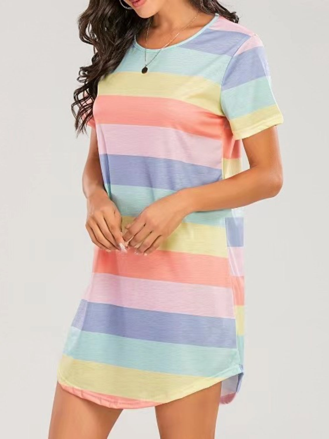 Sunset and Swim  Striped Round Neck Short Sleeve Tee Dress Sunset and Swim   