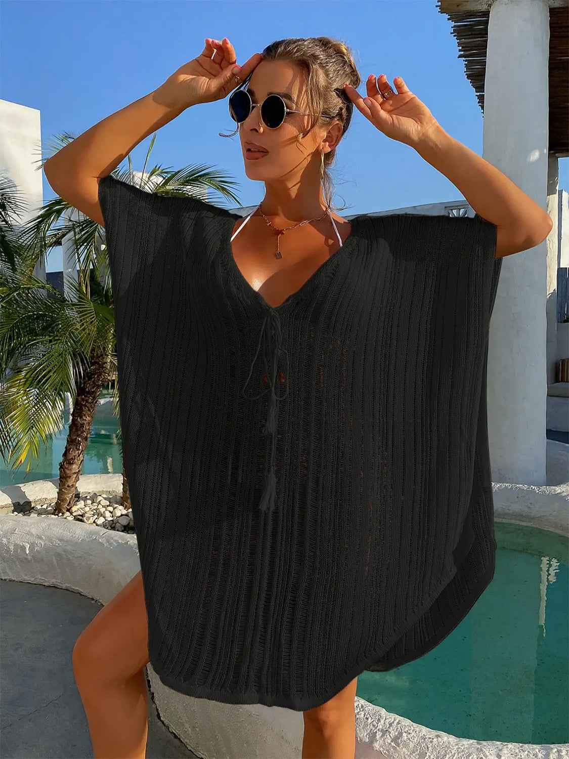 Sunset Vacation  Tassel Half Sleeve Beach Cover Up Sunset and Swim Black One Size 