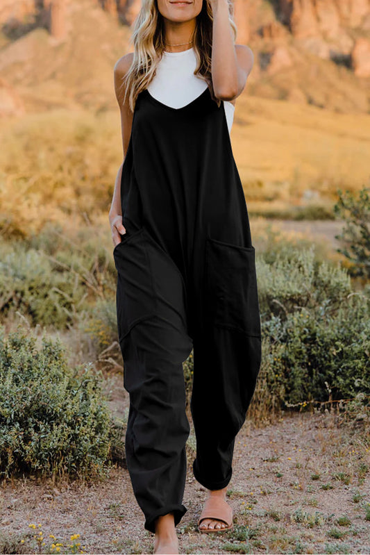 V-Neck Sleeveless Jumpsuit with Pocket  Sunset and Swim Black S 