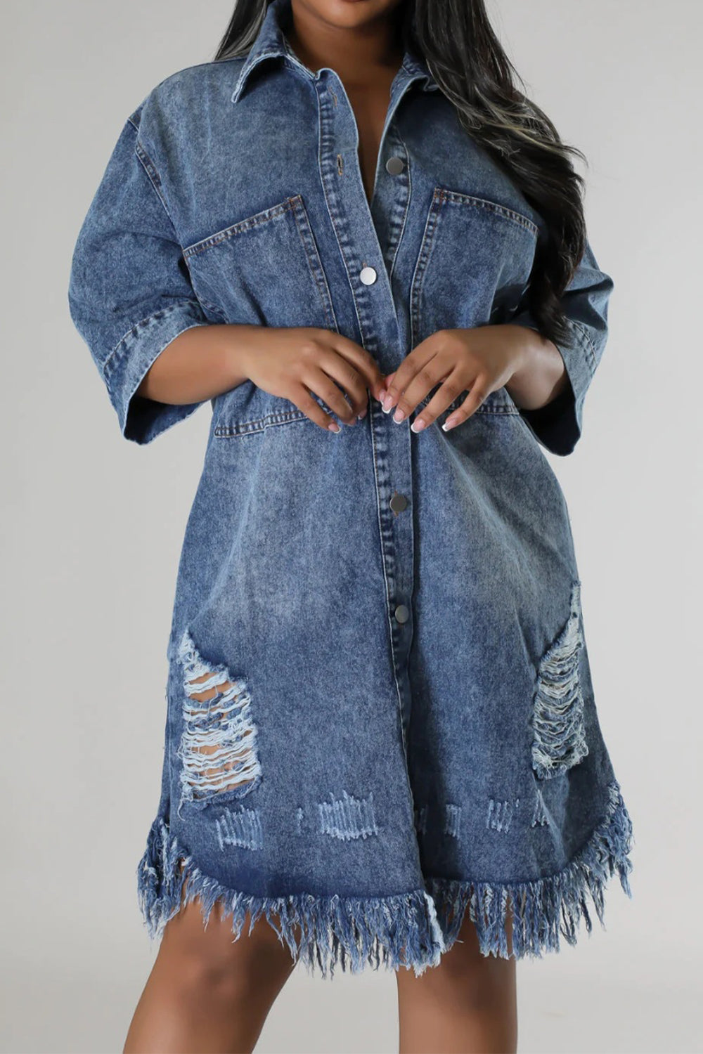 Sunset Vacation  Distressed Raw Hem Button Up Denim Dress Sunset and Swim   