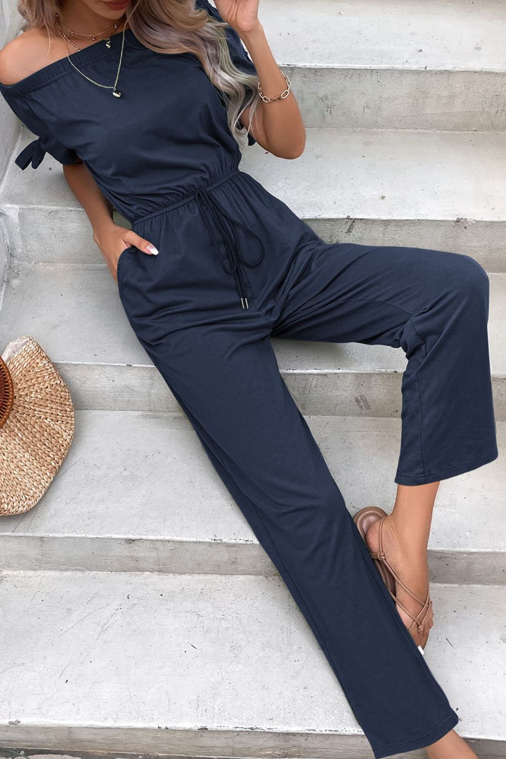 Off-Shoulder Tie Cuff Jumpsuit with Pockets Sunset and Swim   