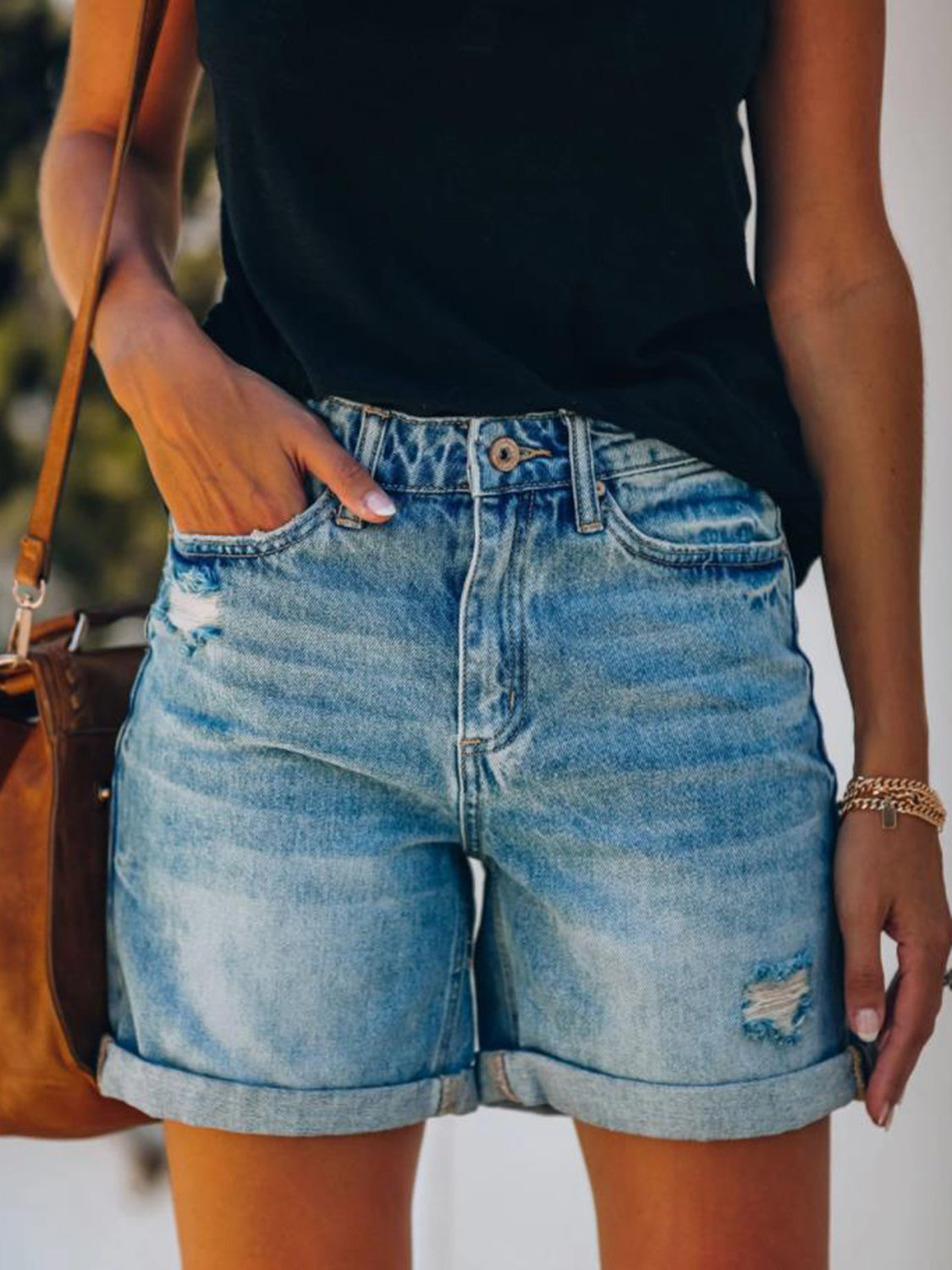 Distressed Denim Shorts with Pockets Sunset and Swim   