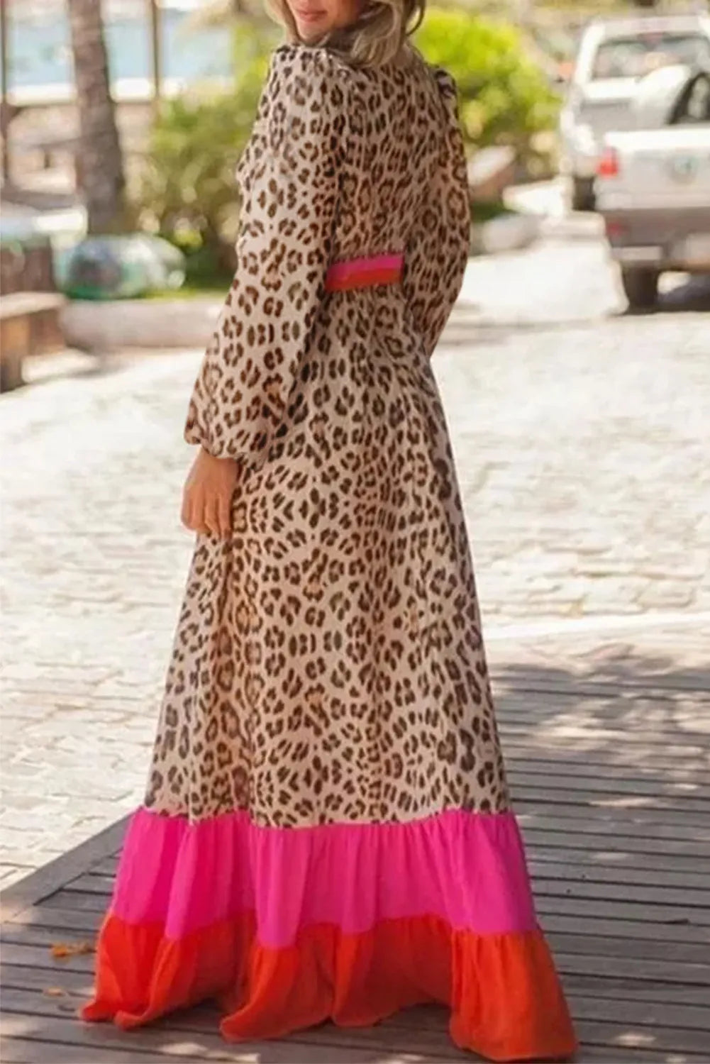 Leopard V-Neck Long Sleeve Maxi Dress Sunset and Swim   