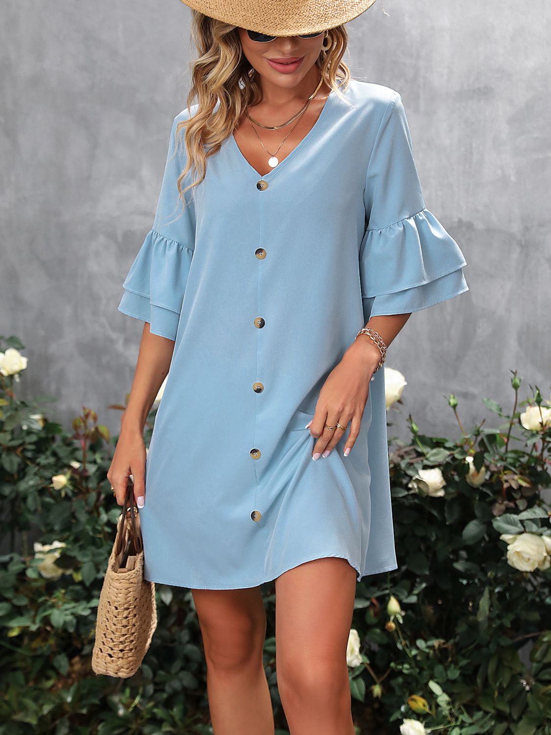 V-Neck Half Sleeve Mini Dress Sunset and Swim   