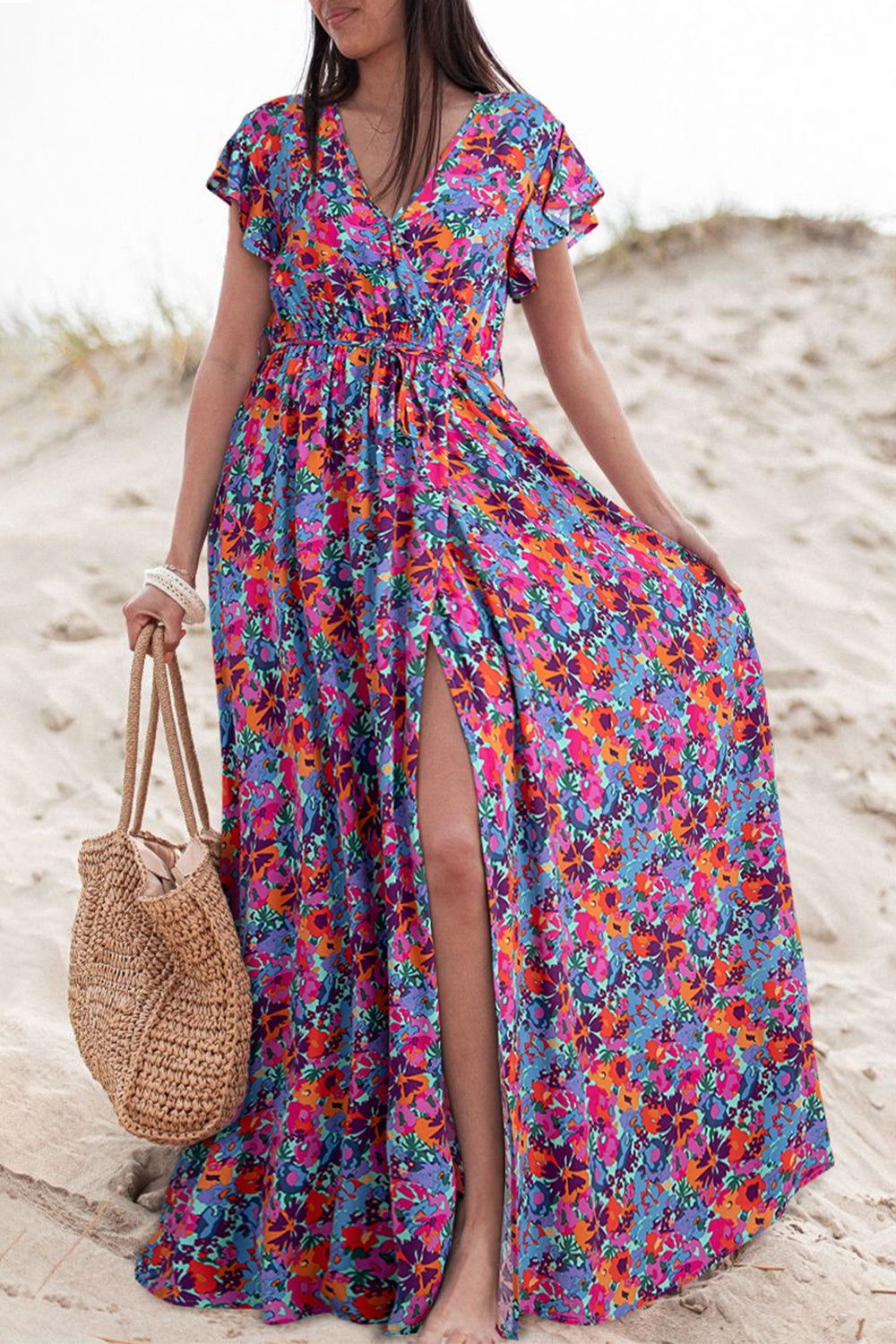 Sunset Vacation Slit Printed Cap Sleeve Maxi Dress Sunset and Swim Floral S 