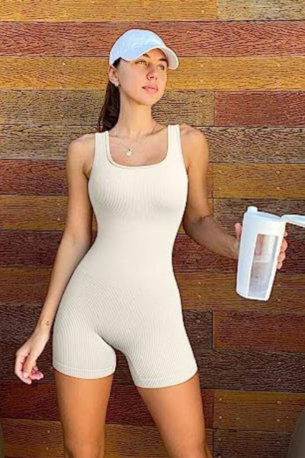 Sunset and Swim  Square Neck Wide Strap Active Romper Sunset and Swim Cream S 