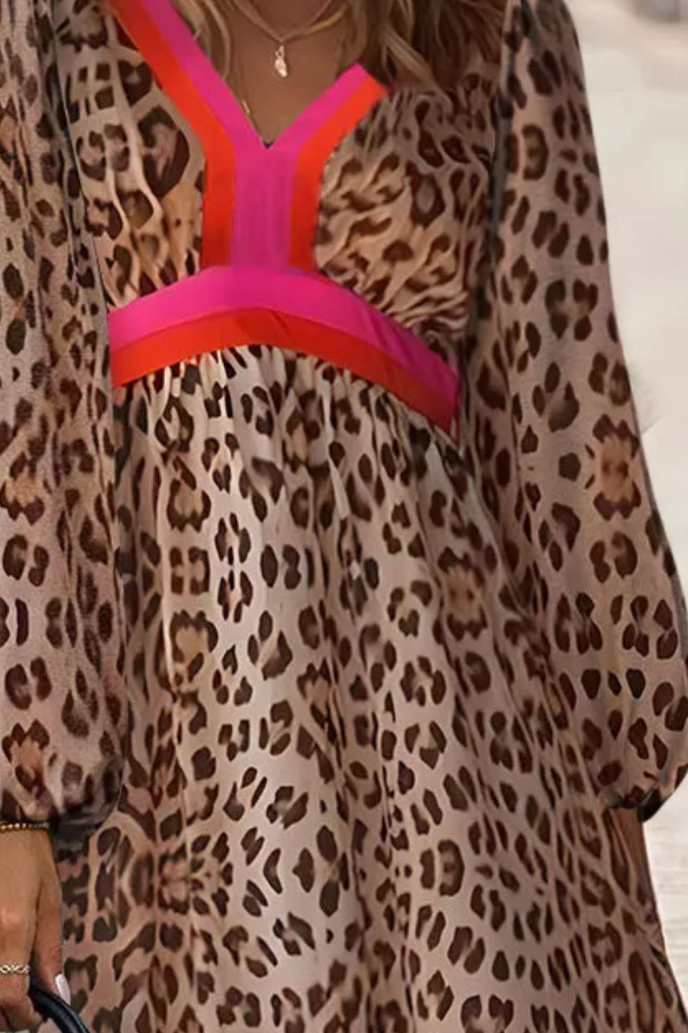 Leopard V-Neck Long Sleeve Maxi Dress Sunset and Swim   