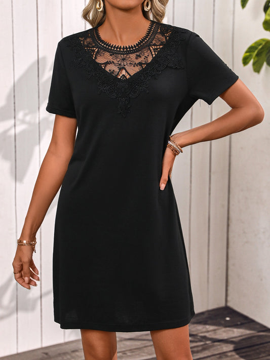 Lace Detail Short Sleeve Mini Dress Sunset and Swim Black S 