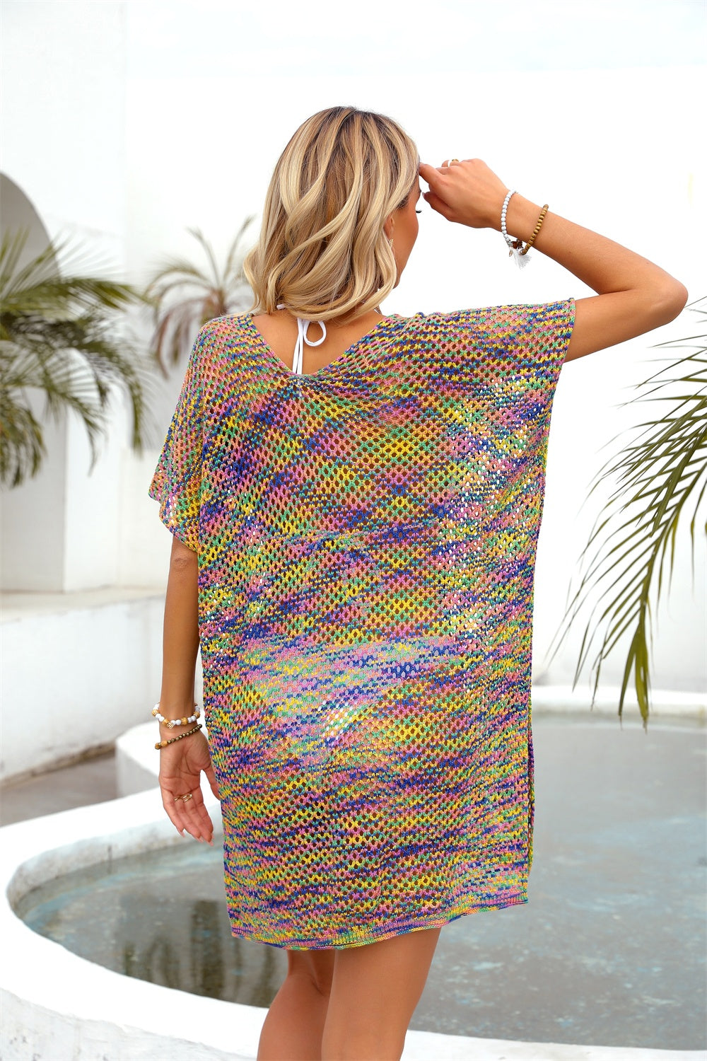 Sunset Vacation  Openwork Contrast Short Sleeve Cover-Up  Sunset and Swim   