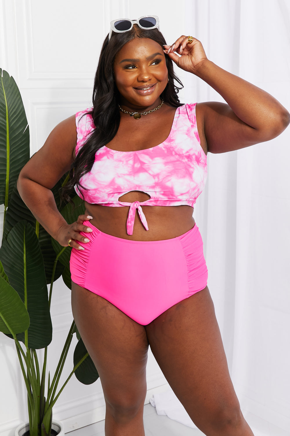 Marina West Swim Sanibel Crop Swim Top and Ruched Bottoms Set in Pink Sunset and Swim   