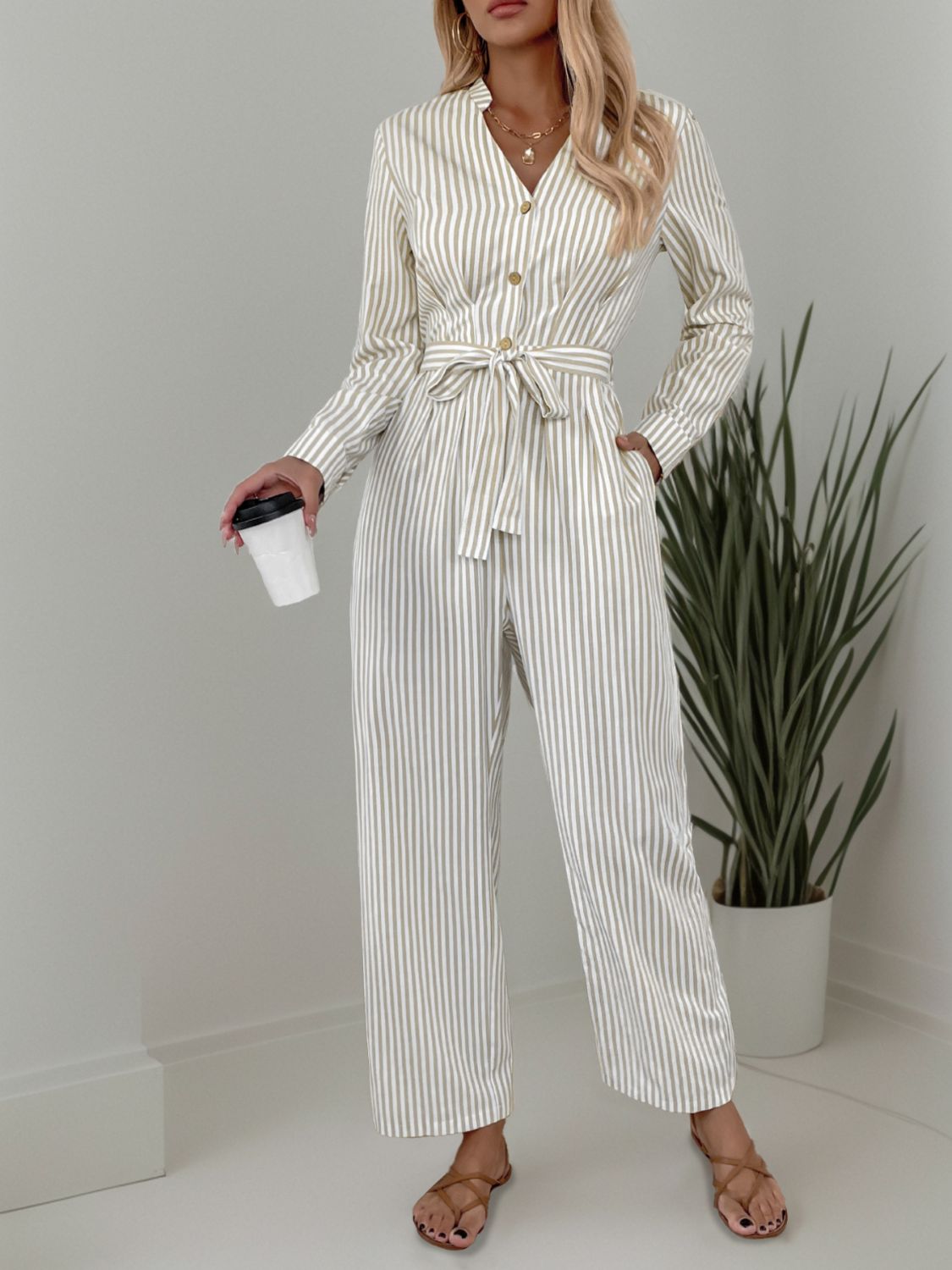 Sunset Vacation Striped Notched Long Sleeve Tie Waist Jumpsuit Sunset and Swim   