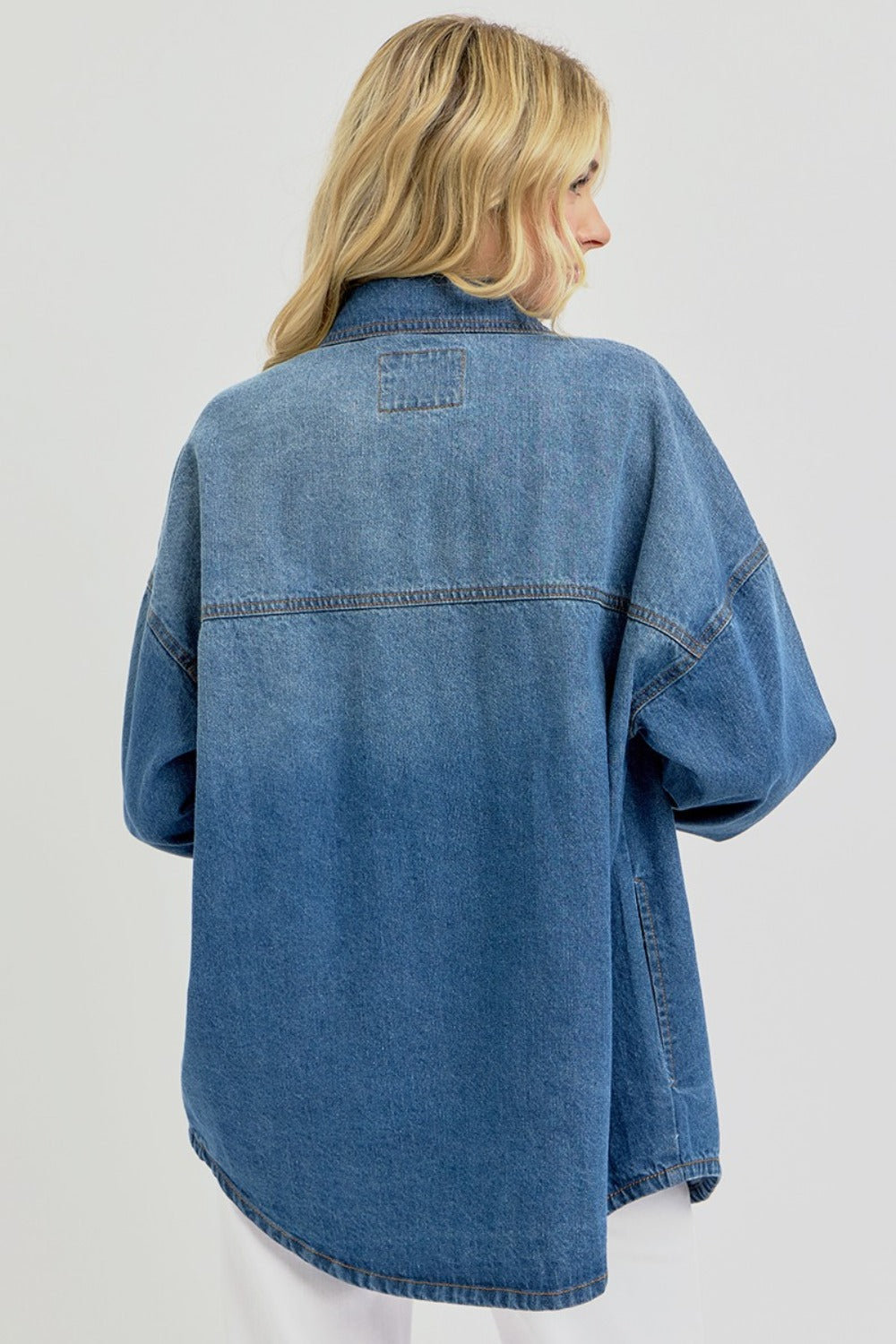 RISEN Full Size Snap Down Long Sleeve Denim Shacket Sunset and Swim   