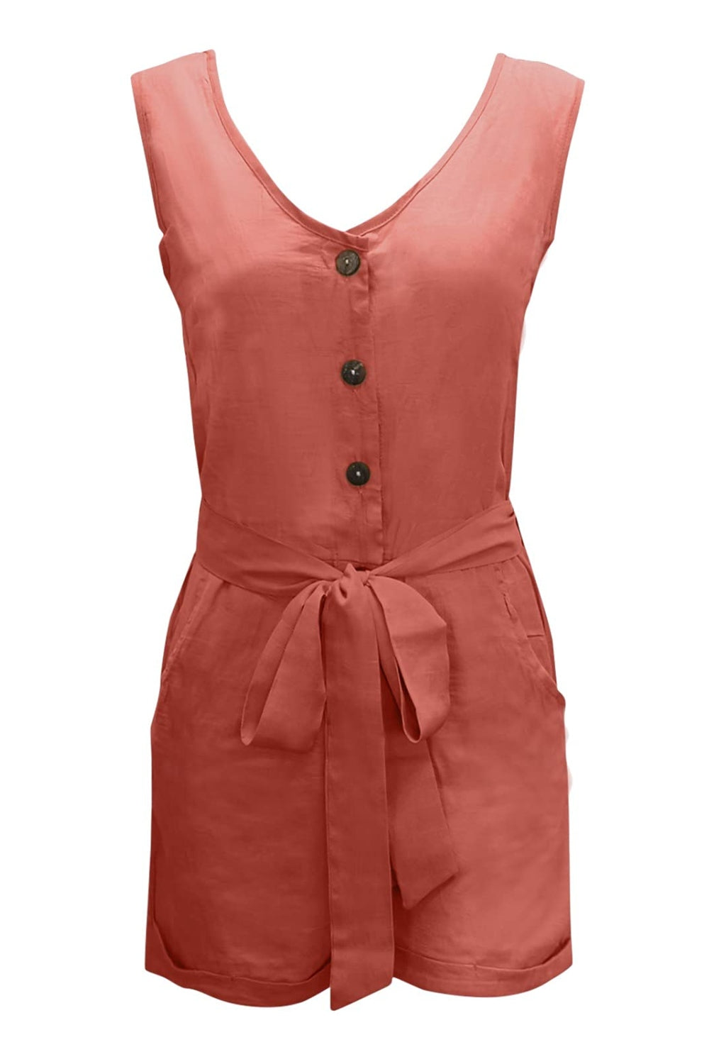 Plus Size Tied V-Neck Sleeveless Romper with Pockets Sunset and Swim   