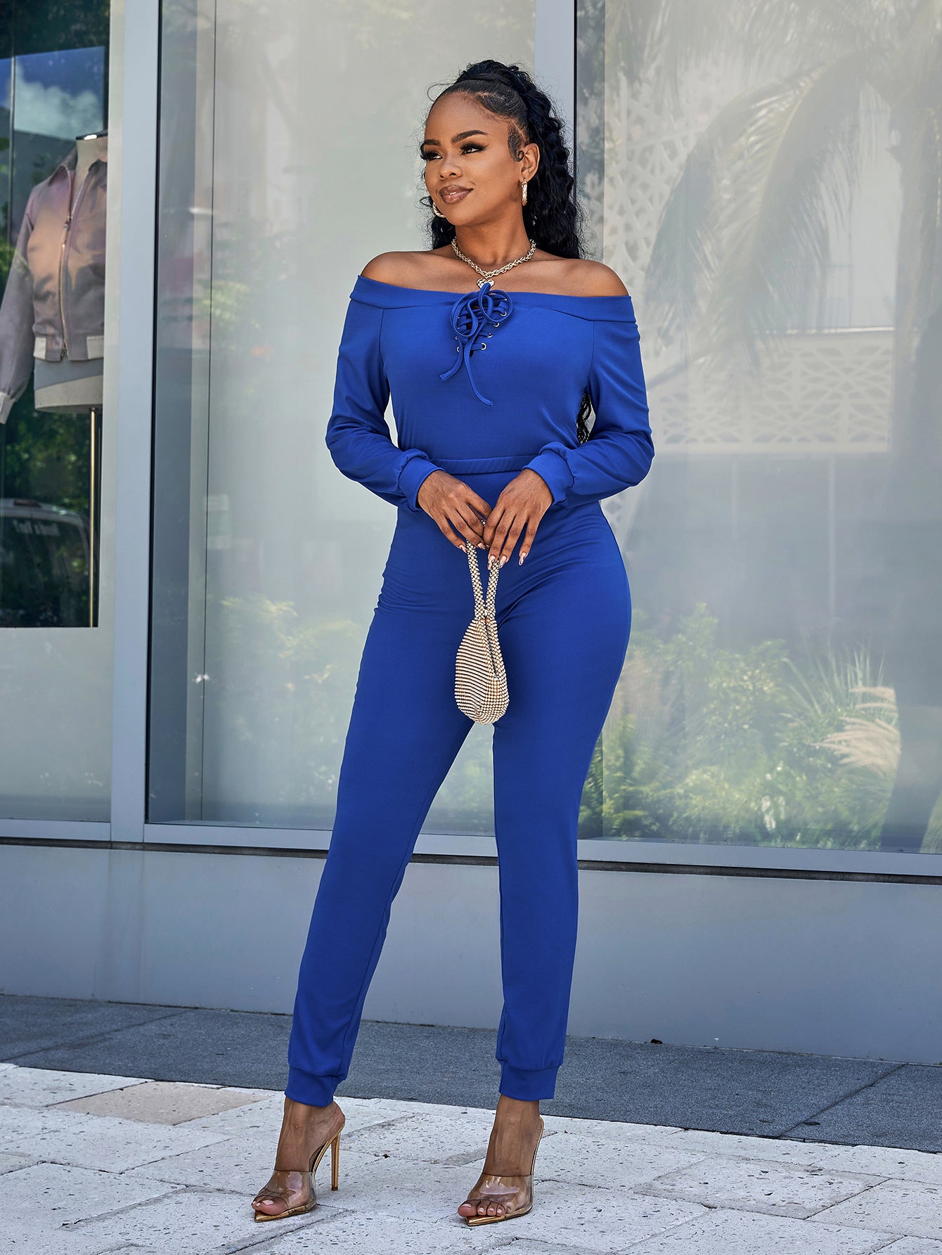 Sunset and Swim Lace-Up Off-Shoulder Long Sleeve Jumpsuit Sunset and Swim   