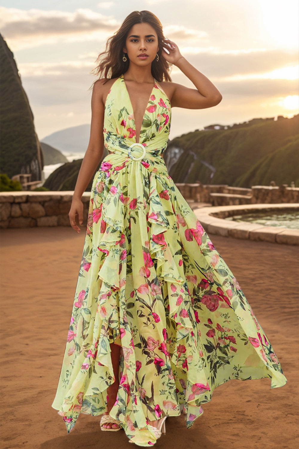 Sunset Vacation  Backless Printed Plunge Sleeveless Dress Sunset and Swim Floral S 