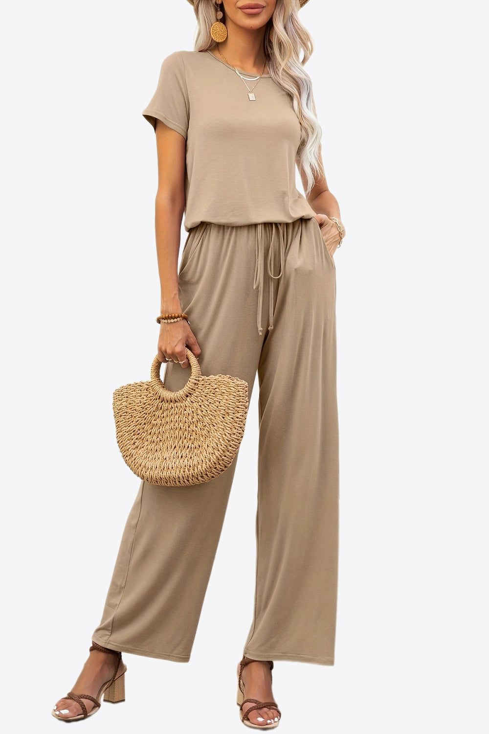 Round Neck Short Sleeve Jumpsuit with Pockets Sunset and Swim Tan S 