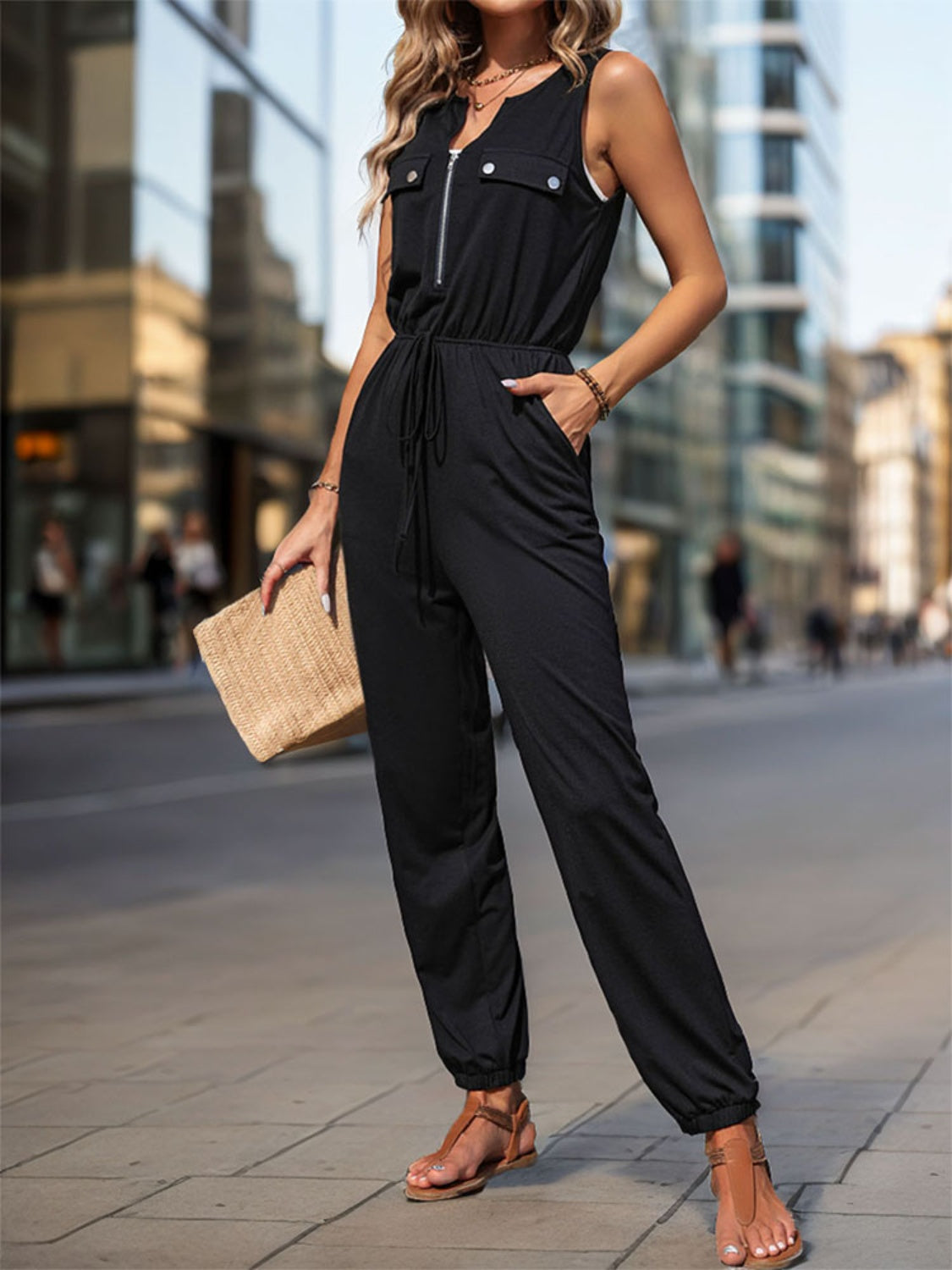 Half Zip Sleeveless Jumpsuit with Pockets Sunset and Swim   