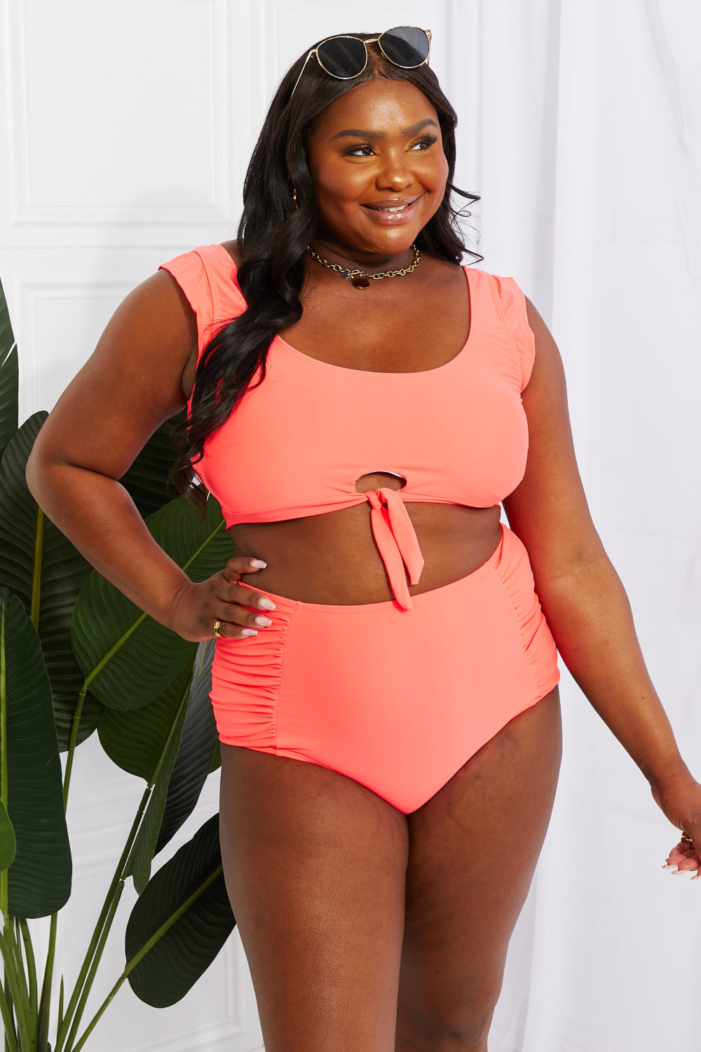 Marina West Swim Sanibel Crop Swim Top and Ruched Bottoms Set in Coral Sunset and Swim   