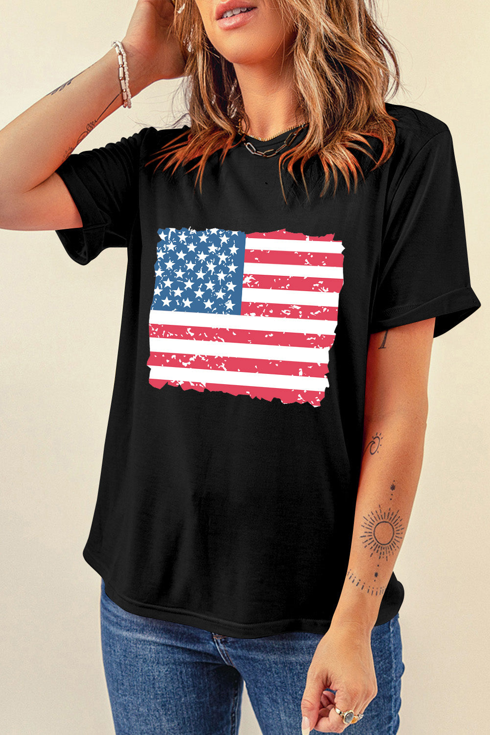 USA Flag Round Neck Short Sleeve T-Shirt Sunset and Swim   