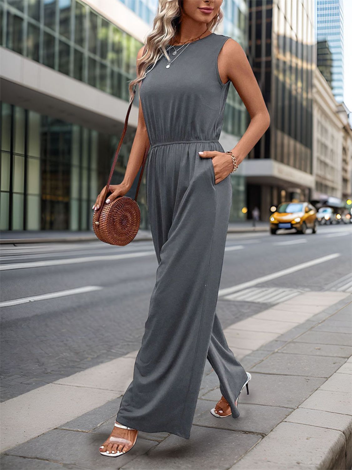 Round Neck Wide Leg Jumpsuit Sunset and Swim   